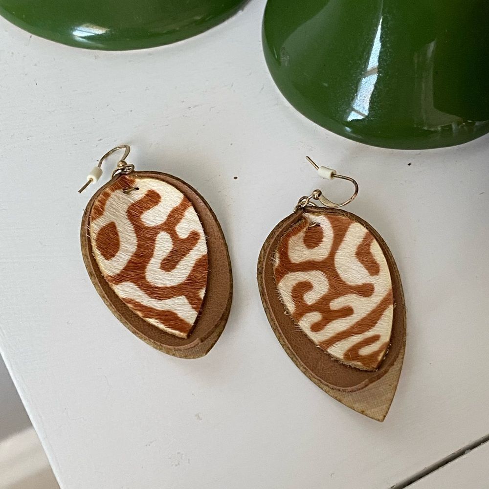 Hand Crafted Brown Leather Feather Earrings with Animal Print Design